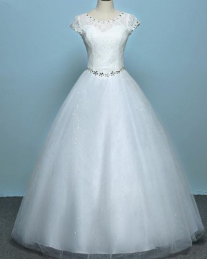 Scoop Beading Lace Bodice White Tulle Wedding Gown WD2269