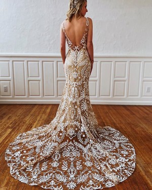Champagne V-neck Lace Mermaid Wedding Dress WD2300