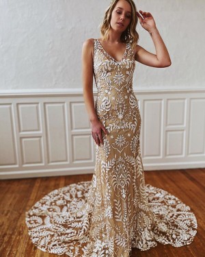 Champagne V-neck Lace Mermaid Wedding Dress WD2300