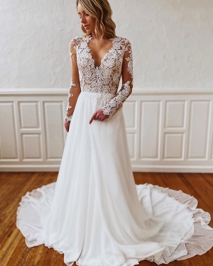 White Lace Bodice V-neck Wedding Dress with Long Sleeves WD2301