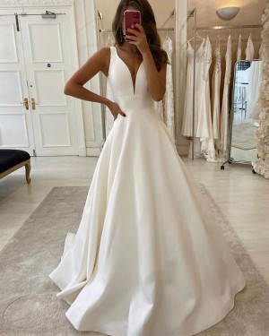 White Satin Simple V-neck Wedding Dress for Fall WD2310