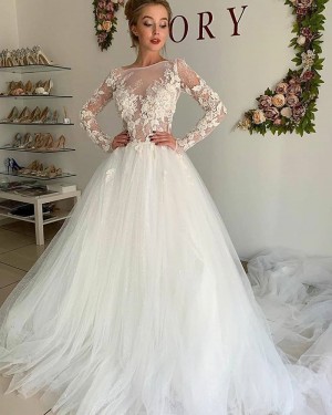 Ivory Tulle Jewel Neckline Lace Bodice Wedding Dress with Long Sleeves WD2312