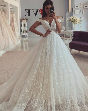 Ivory Off the Shoulder Pleated Lace Wedding Gown WD2313