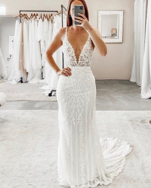 Deep V-neck White Lace Sheath Wedding Dress WD2315