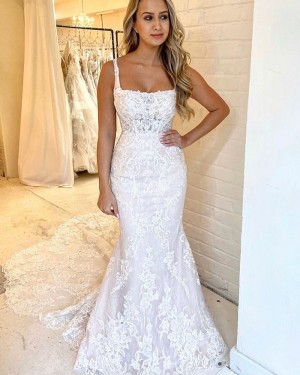 Square Neckline Mermaid Lace Wedding Dress with Chapel Train WD2316