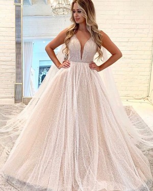 V-neck Beading Embroidery Sparkle Champagne Wedding Dress WD2318