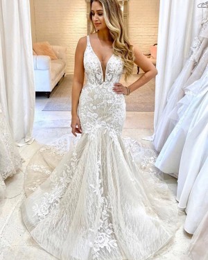Sparkle Deep V-neck Ivory Applique Lace Mermaid Wedding Dress WD2319