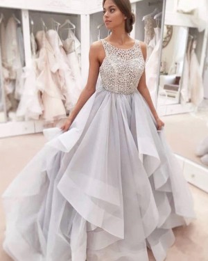 Lace Sequin Bodice Grey Scoop Ruffled Wedding Dress WD2320