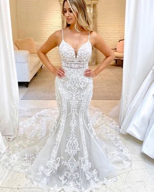 Lace Mermaid Spaghetti Straps Ivory Wedding Dress WD2322