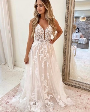 Lace Applique Ivory Spaghetti Straps A-line Wedding Dress WD2325