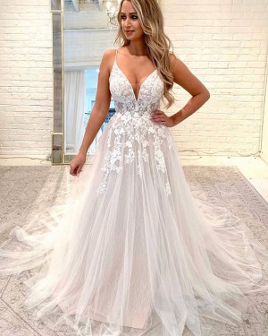 Sparkle Spaghetti Straps Lace Applique Wedding Dress WD2326
