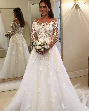 White Bateau Neckline Lace Applique Wedding Dress with Long Sleeves WD2327