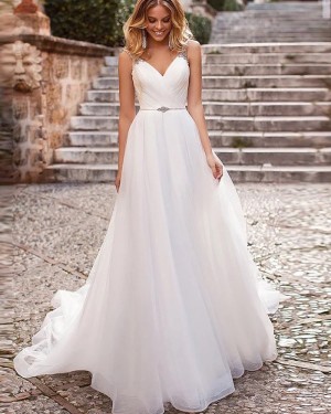 White Ruched Tulle V-neck Beading Simple Wedding Dress WD2334