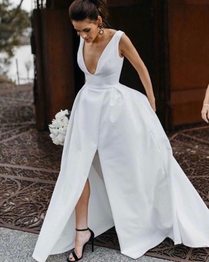 Satin V-neck White Simple Wedding Dress with Slit WD2335