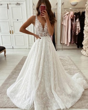 V-neck Pleated Ivory Lace Wedding Dress WD2344
