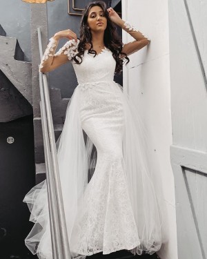 White Lace Long Sleeve Mermaid V-neck Wedding Dress with Detachable Tulle Train WD2401