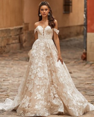 Lace Ivory A-line Off the Shoulder Vintage Wedding Dress WD2402