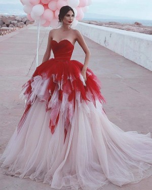 Sweetheart Red & Ivory Tulle Ruffled Wedding Dress WD2404