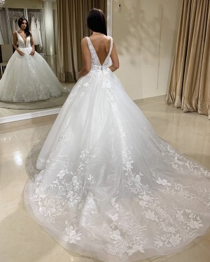 White Tulle V-neck Lace A-line Wedding Dress WD2405