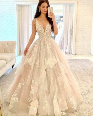 Ruffle Lace Applique V-neck Ivory Tulle Wedding Dress WD2415