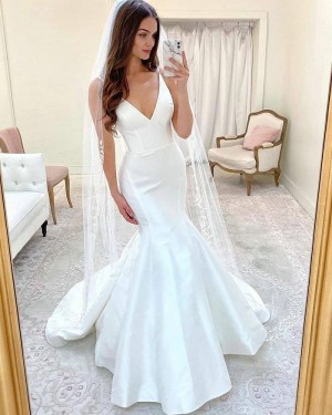 White Mermaid Simple Spaghetti Straps Wedding Dress WD2416