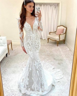 Lace Mermaid White V-neck Wedding Dress with Long Sleeves WD2418