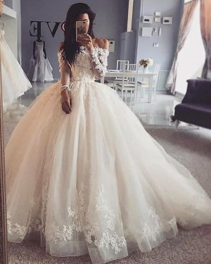 Lace Bodice Ivory Off the Shoulder Ivory Ball Gown Wedding Dress with Long Sleeves WD2422