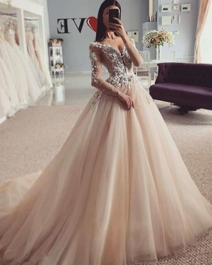 Beading Lace Bodice V-neck Champagne Wedding Dress with Long Sleeves WD2423