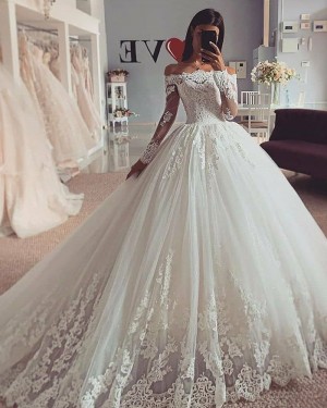 Lace Applique White Off the Shoulder Wedding Dress with Long Sleeves WD2424