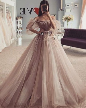 Ruched Beading Tulle Off the Shoulder Brown Wedding Dress WD2425