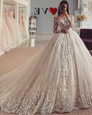 Lace Tulle Sheer Neckline White Ball Gown Wedding Dress with Long Sleeves WD2426