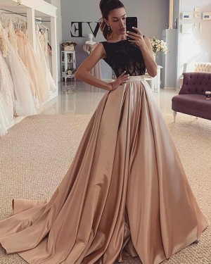 Black & Brown Jewel Neckline Satin Beading Bodice Evening Dress WD2427