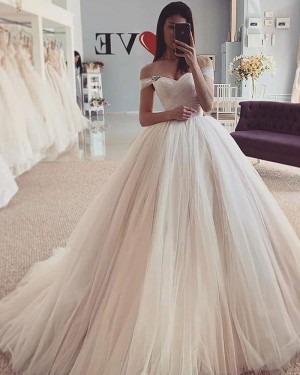 Ivory Tulle Pleated Off the Shoulder Simple Wedding Dress WD2429