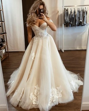 Tulle Applique Ivory Off the Shoulder Wedding Dress WD2433