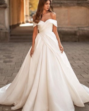 White Ruched Satin Off the Shoulder Simple Wedding Dress WD2434