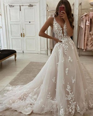 Ivory A-line V-neck Lace Applique Wedding Dress WD2436