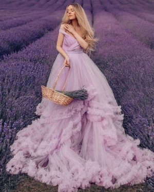 Ruched Tulle Tiered Feather V-neck Lavender Wedding Dress WD2437