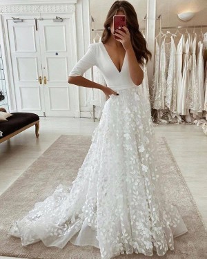 Handmade Flower White V-neck Wedding Dress with Half Length Sleeves WD2438