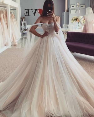 Tulle Champagne Beading Bodice Wedding Dress with Flutter Sleeves WD2440