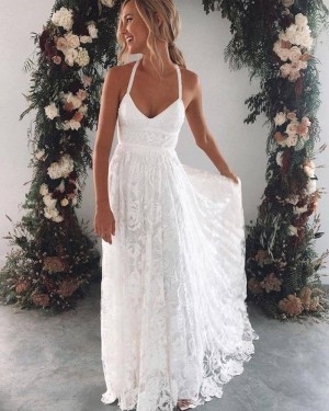 Floor Length Halter White Lace Sheath Beach Wedding Dress WD2442