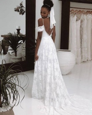 Cold Shoulder White Lace Wedding Dress with Middle Slit WD2443