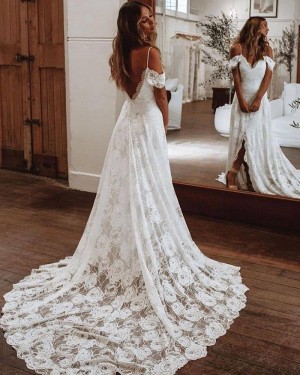 Cold Shoulder White Lace Wedding Dress with Middle Slit WD2443