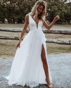Lace White Beach Simple V-neck Wedding Dress with Side Slit WD2445