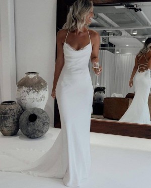 White Mermaid Simple Halter Wedding Dress with Court Train WD2446
