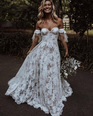 Off the Shoulder Ivory Lace A-line Wedding Dress WD2447