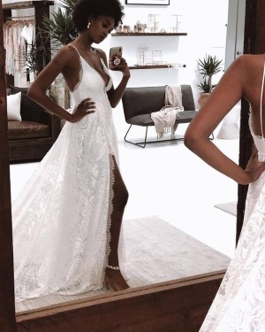 Lace White Spaghetti Straps Wedding Dress with Side Slit WD2450