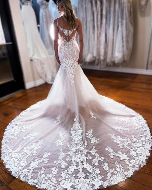 Applique V-neck Mermaid Lace Ivory Wedding Dress WD2453