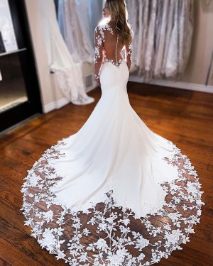 Mermaid Sheer Neck White Wedding Dress with Lace Long Sleeves WD2458