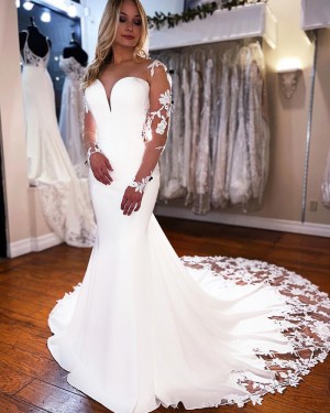 Mermaid Sheer Neck White Wedding Dress with Lace Long Sleeves WD2458