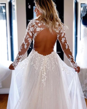 V-neck Tulle White Lace Applique Side Slit Wedding Dress with Long Sleeves WD2459